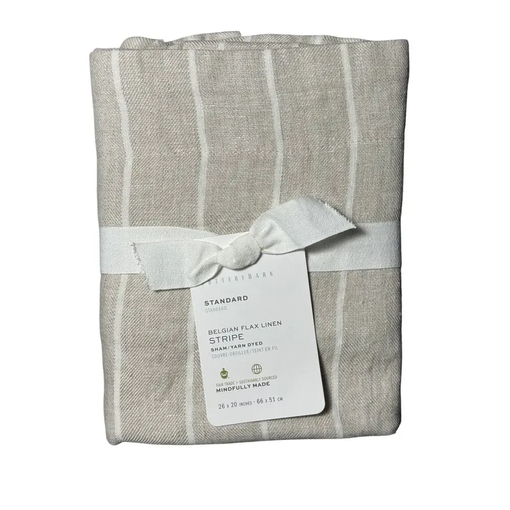 Pottery Barn Belgian Flax Linen Striped Standard Pillow Sham Flax Ivory 26x20